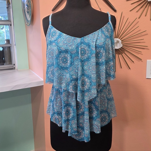 Vintage Fairy Teal Mesh Tankini Top Beach House 14 Tiered Mandala Print - Picture 2 of 15